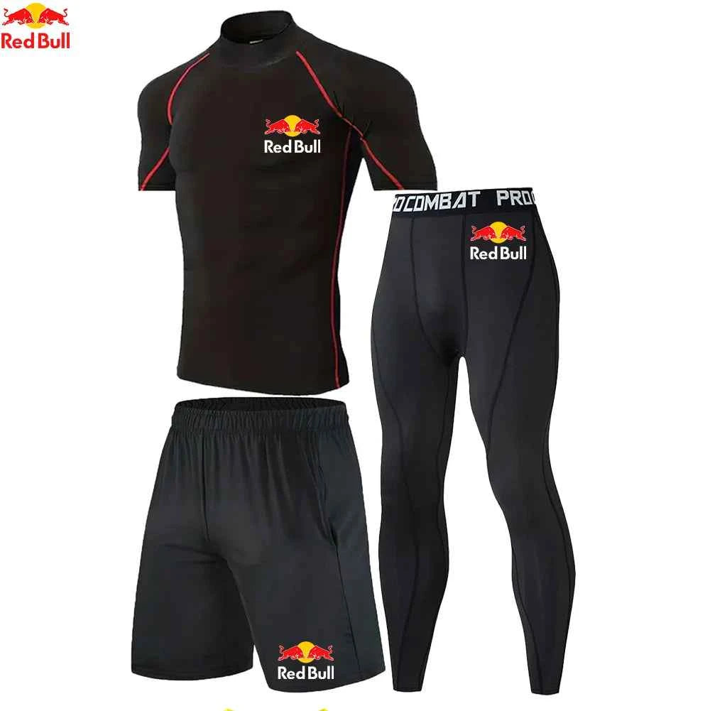 Red Bull New High-Necked Fashion Compression T Shirt Pants Set Men Tights Tracksuit Men Set Gym Fitness Clothing Sportswear Suit