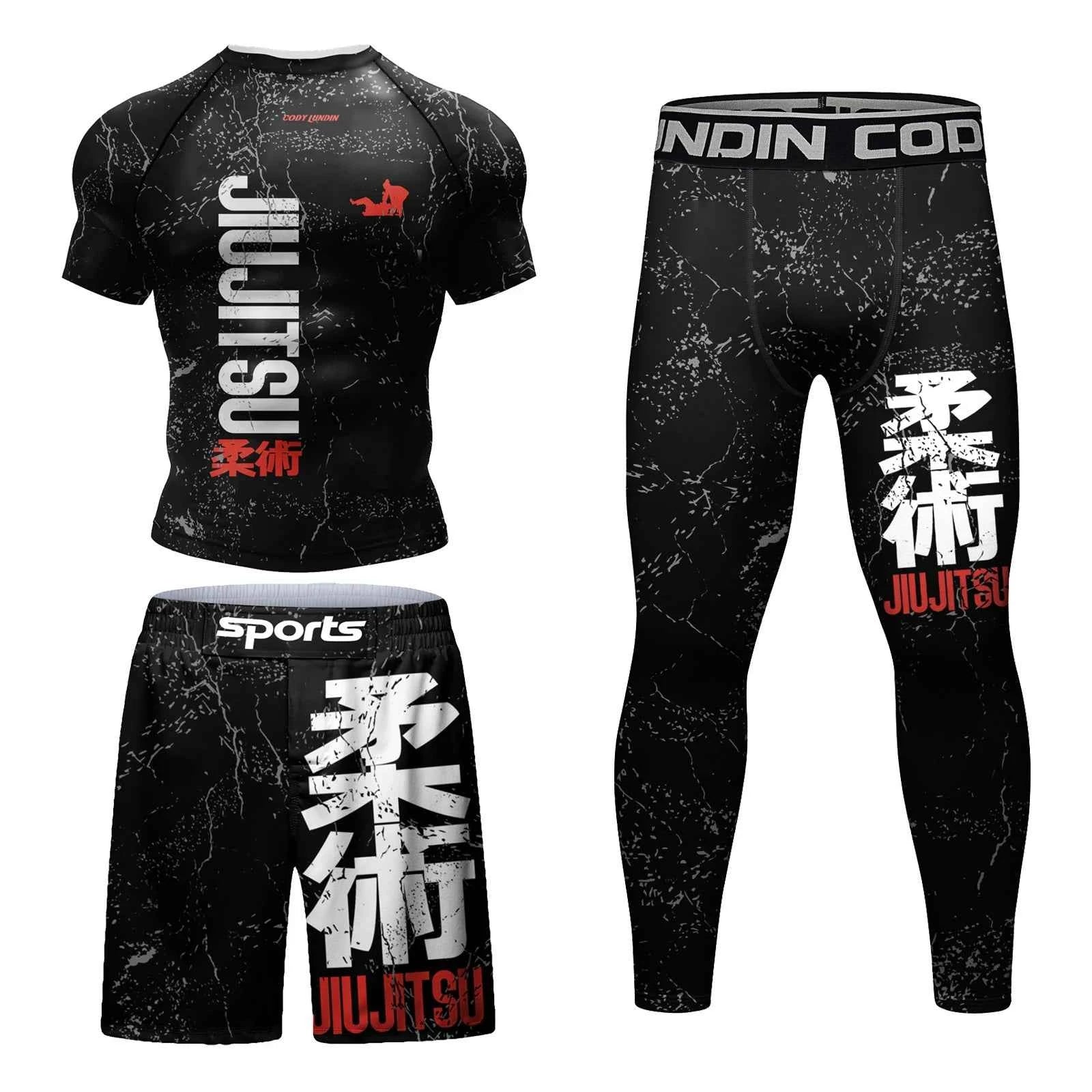 Cody Lundin Rash Guard Sportswear MMA T-shirt +Pants MMA Shorts 4PCS/Set Brazilian Grappling Jiu Jitsu Bjj Boxing Jersey For Men