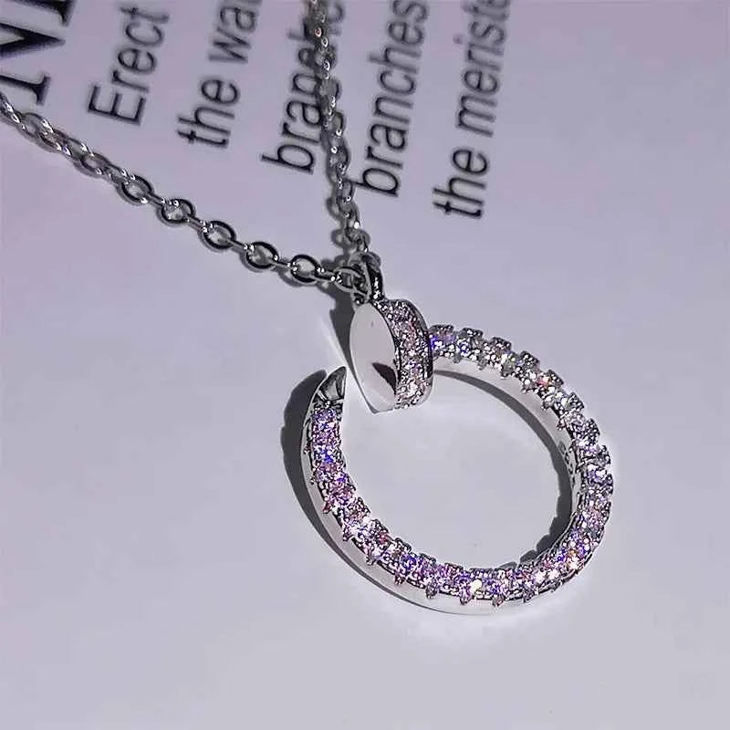 Korean Style Semicircle Geometric Nail Fashion Female Necklace AAAA Cubic Zirconia Pendant 925 Silver Ladies Birthday Gift