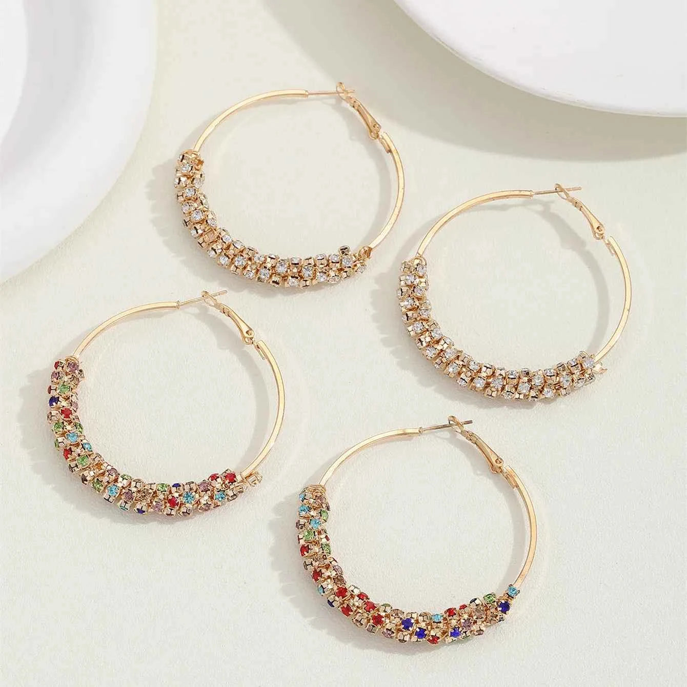 Cute Female Rainbow White Zircon Stone Hoop Earrings Fashion Female Gold Color Wedding Jewelry For Women