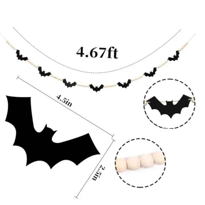 Bat Wooden Beads Garland Wall Hanging Banner Spooky Halloween Eve Autumn Fall Home Fireplace Mantle Decoration Sign Backdrop