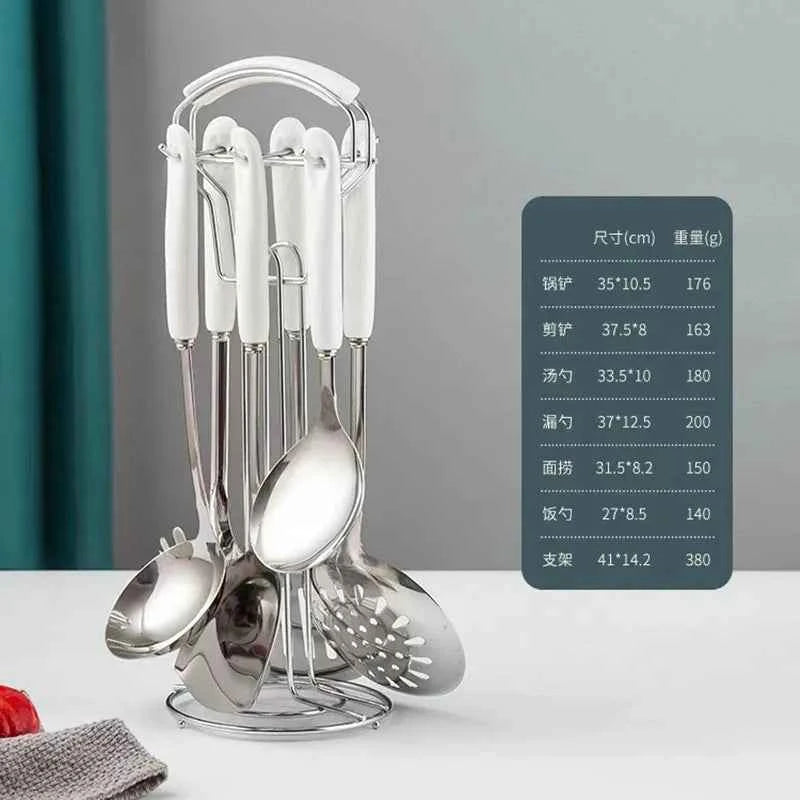7pcs stainless steel spatula soup spoon kitchenware set cooking spatula kitchen supplies ceramic handle Nordic kitchen tools