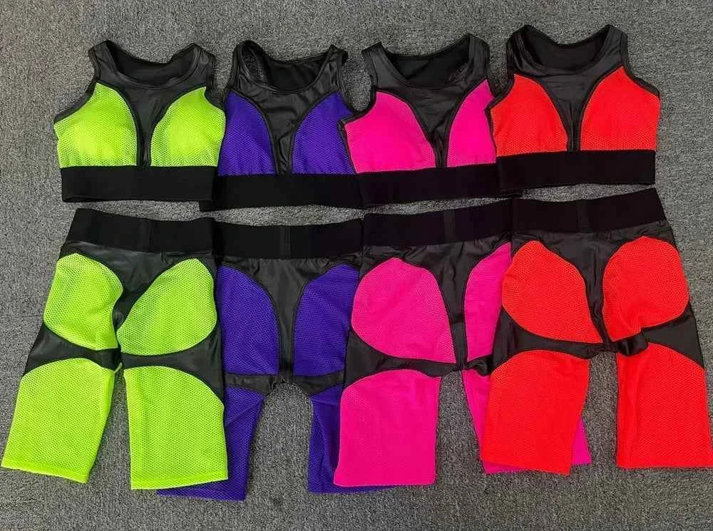 2 Piece Sets Women Outfit Transparent Sportswear Woman Gym Tracksuit 2025 Sexy Mesh Suit for Fitness Pink Orange Green Purple