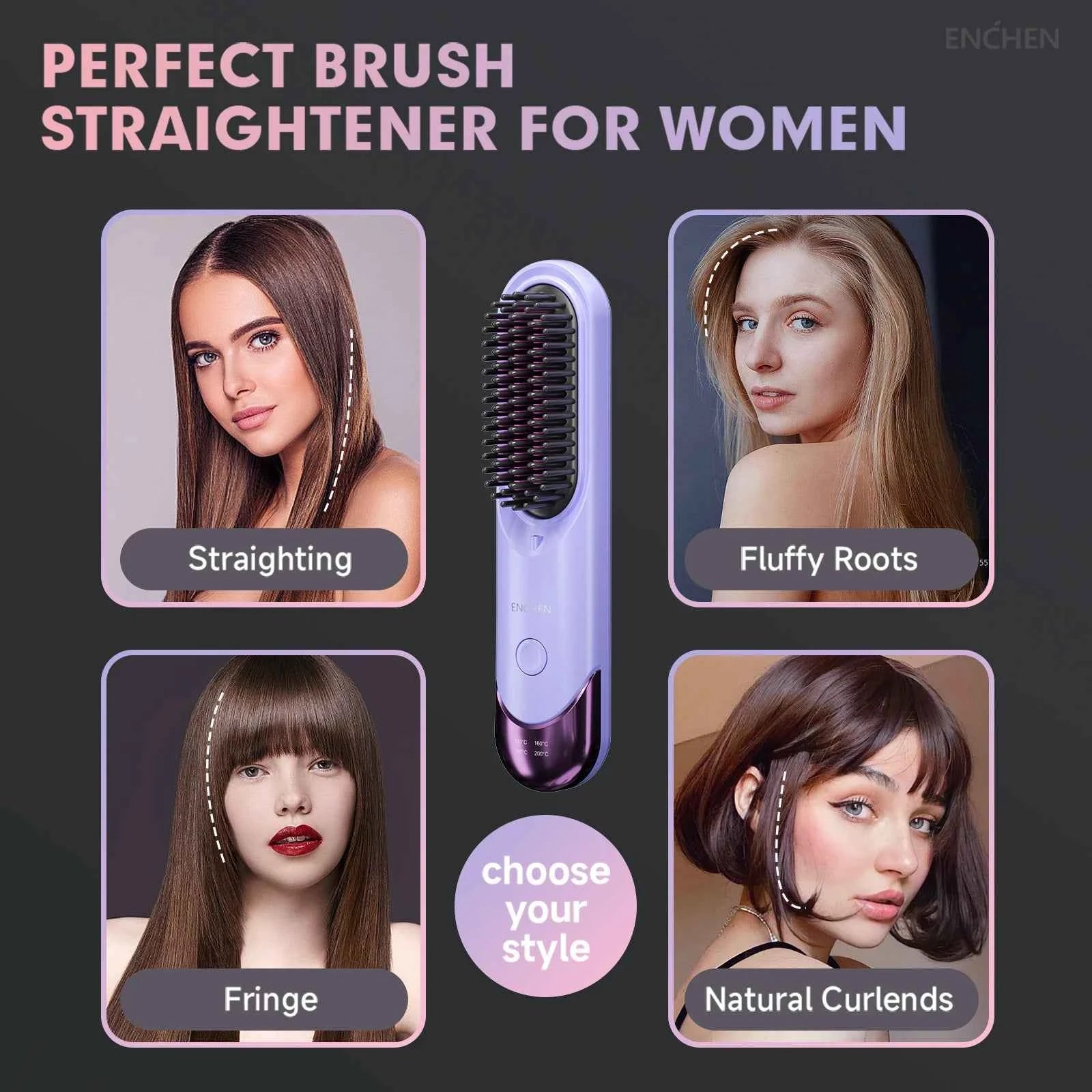 Brosse à cheveux lissante rechargeable ENCHEN - Outil portable sans fil avec 200 millions d'ions négatifs H100 - Elegance_empire-shop