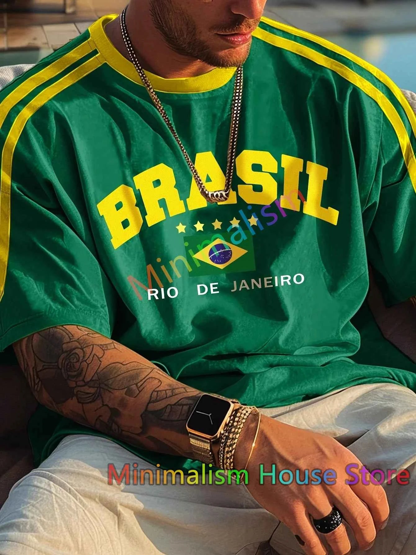2024 New Summer Five-star Brasil Printed T-shirt For Men Short Sleeve Round Neck Tees Vintage Casual Mesh Jersey Oversized Tops