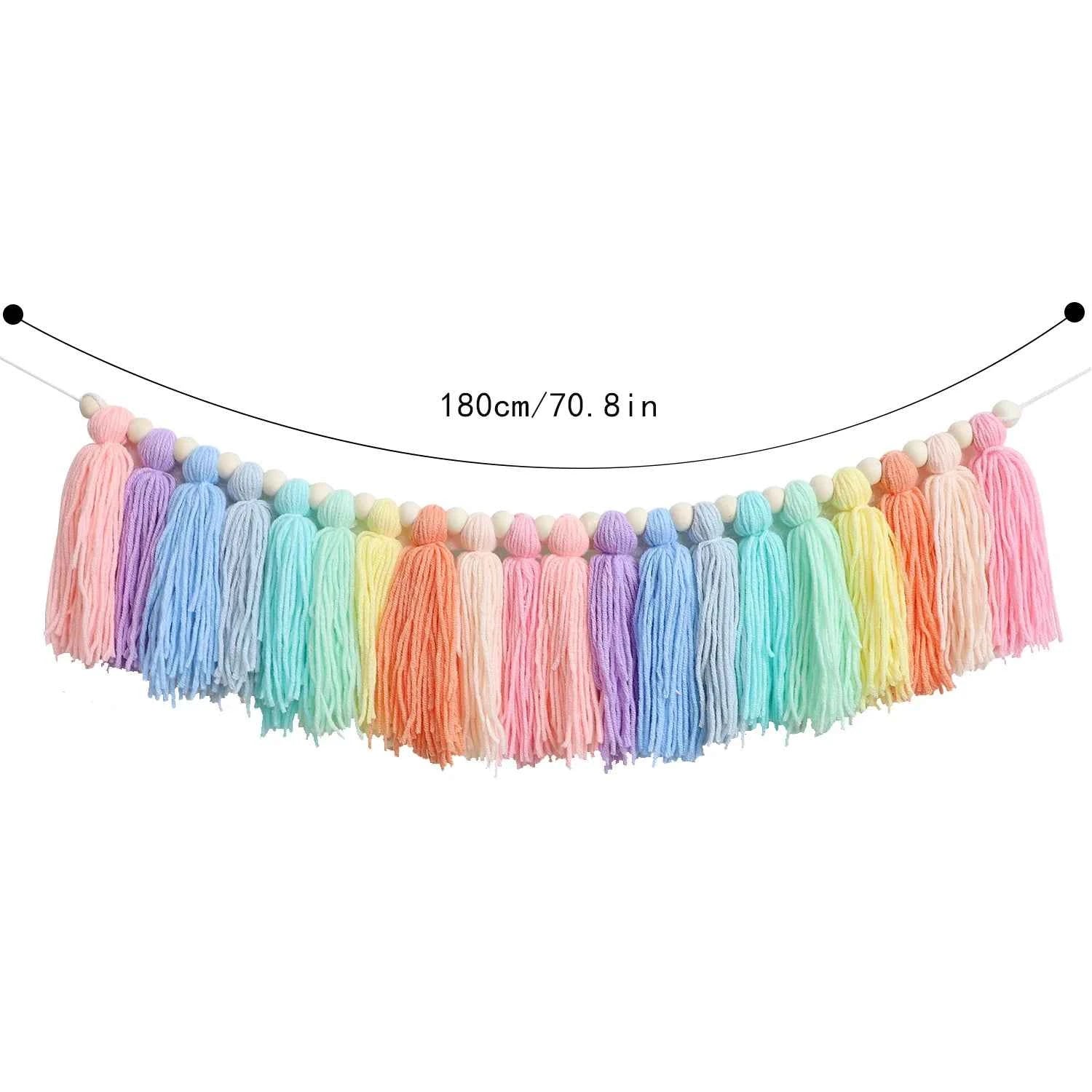1pc Boho Colorful Rainbow Tassel Garland Handmade Wooden Bead Banner Home Festival Party Decoration Wall Hanging Banner