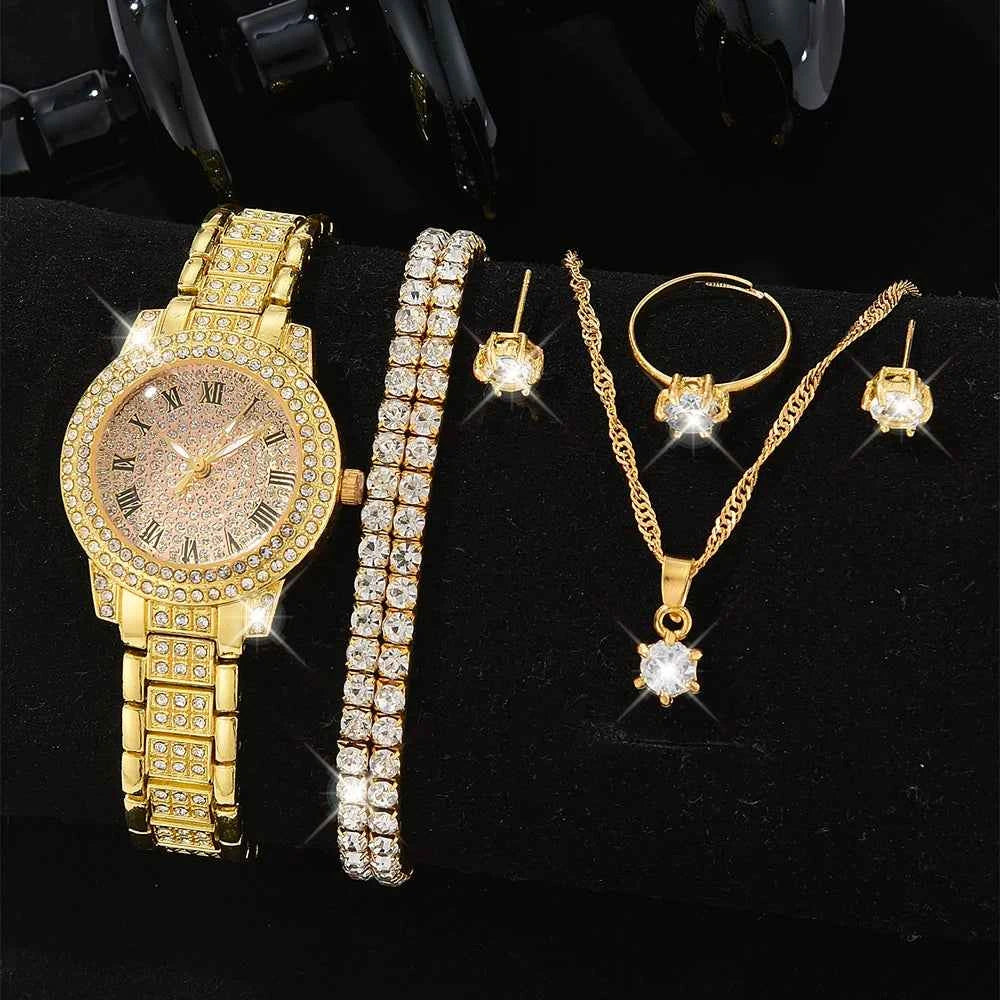 Luxury Women Gold Watch Fashion Ladies Quartz Diamond Wristwatch Elegant Female Bracelet Watches Set Reloj Mujer