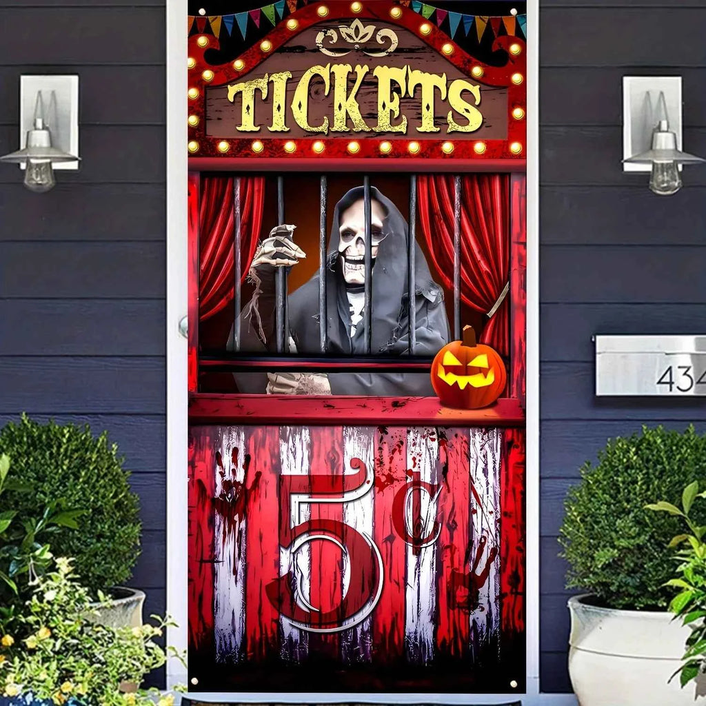 Polyester Black Evil Circus ticket booth banner - Halloween Bloody Horror party background, Day of the Dead holiday hanging
