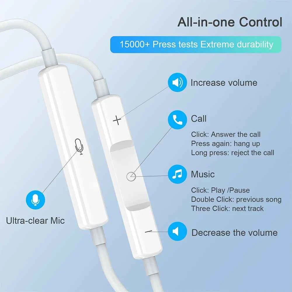 Original Wired Earphones For Apple iPhone 17 16 15 14 13 12 Pro Max Headphones For Samsung For Lightning USB C 3.5mm Earbuds
