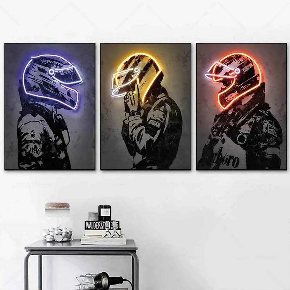 Formula 1 Racing Driver With Neon Helmet Wall Art Canvas Painting Print Motorcycle Racing F1 Poster Sport Picture Home Bar Decor