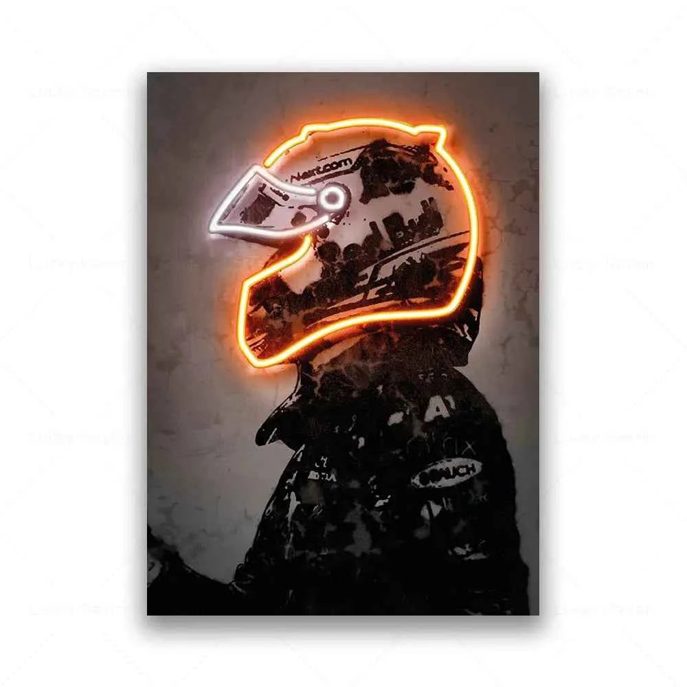 Formula 1 Racing Driver With Neon Helmet Wall Art Canvas Painting Print Motorcycle Racing F1 Poster Sport Picture Home Bar Decor
