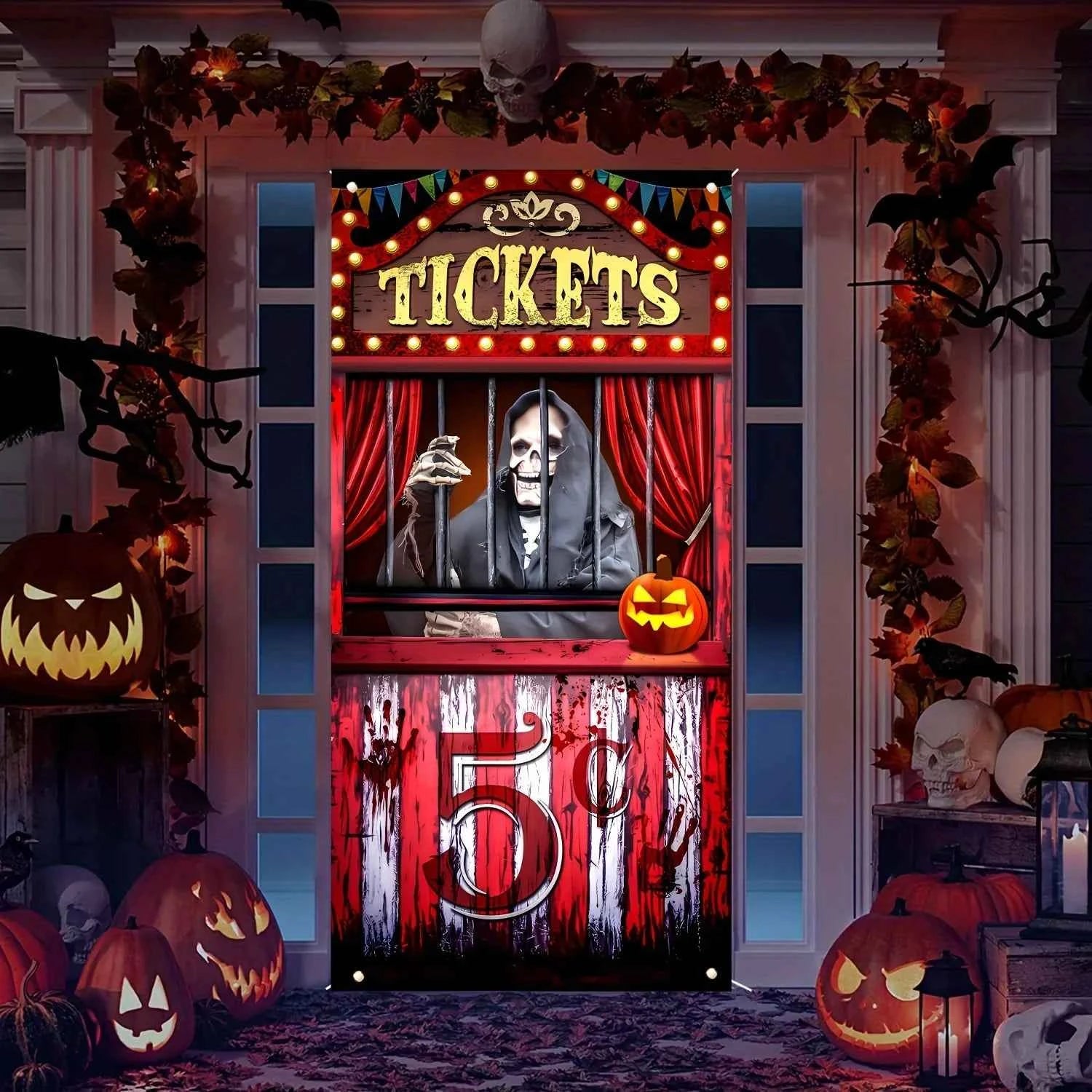 Polyester Black Evil Circus ticket booth banner - Halloween Bloody Horror party background, Day of the Dead holiday hanging