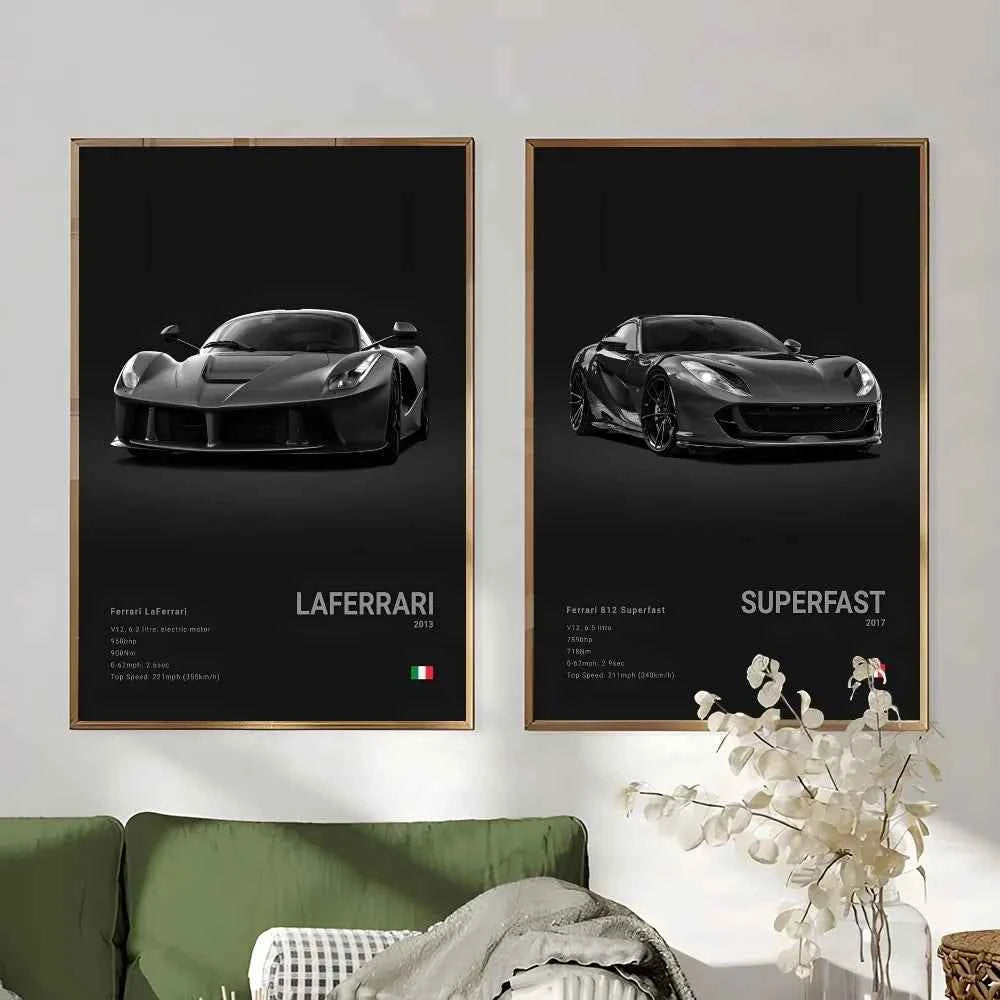 F-Ferrari Black Car Famous F40 ENZO SF90 F12 Poster Sticky Wall Art Printing Waterproof Home Living Bed Room Bar Aesthetic Decor