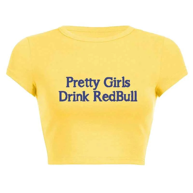 European and American girls drinking Red Bull trendy letter print Y2K pure desire spicy girl ultra short top women's T-shirt
