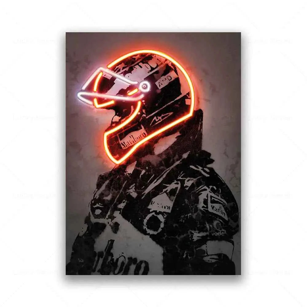 Formula 1 Racing Driver With Neon Helmet Wall Art Canvas Painting Print Motorcycle Racing F1 Poster Sport Picture Home Bar Decor