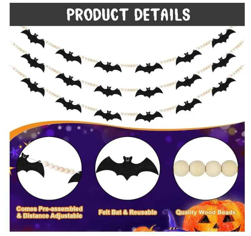 Bat Wooden Beads Garland Wall Hanging Banner Spooky Halloween Eve Autumn Fall Home Fireplace Mantle Decoration Sign Backdrop